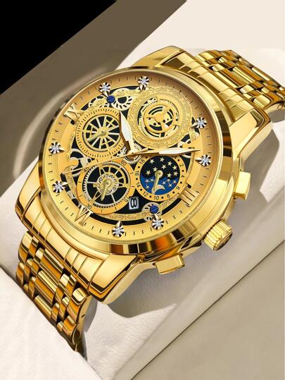  BINBOND 奢侈品牌时尚男士金表不锈钢石英表男士商务日期显示水钻手表男士石英钟