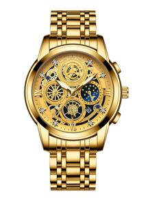 BINBOND 奢侈品牌时尚男士金表不锈钢石英表男士商务日期显示水钻手表男士石英钟 - 金色 - 查看 6