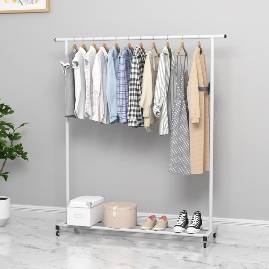 62.99 Inches Metal Clothing Rack Standard Rod Simple Rolling Metal Garment Rack Organizer Freestanding Hanger with Wheels Clothes Garment Coat Rack with Bottom Shelf, Clothing Rack for Hanging Clothes, Coats - White - View 1