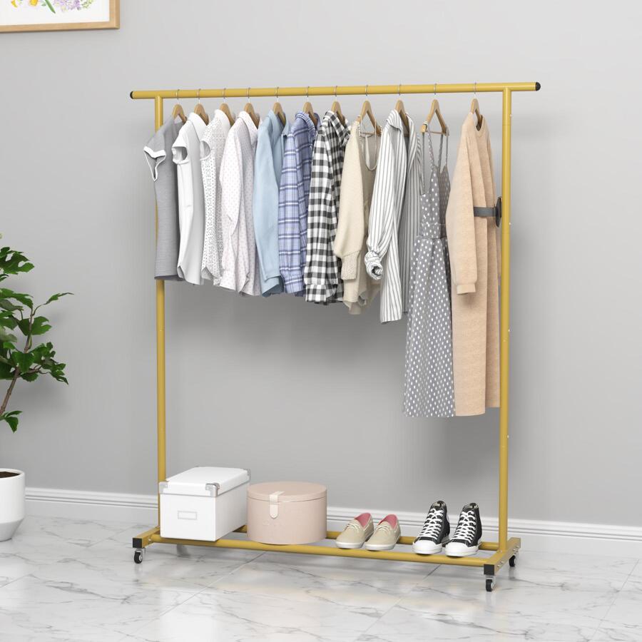 62.99 Inches Metal Clothing Rack Standard Rod Simple Rolling Metal Garment Rack Organizer Freestanding Hanger with Wheels Clothes Garment Coat Rack with Bottom Shelf, Clothing Rack for Hanging Clothes, Coats - Gold - View 1