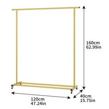 62.99 Inches Metal Clothing Rack Standard Rod Simple Rolling Metal Garment Rack Organizer Freestanding Hanger with Wheels Clothes Garment Coat Rack with Bottom Shelf, Clothing Rack for Hanging Clothes, Coats - Gold - View 5
