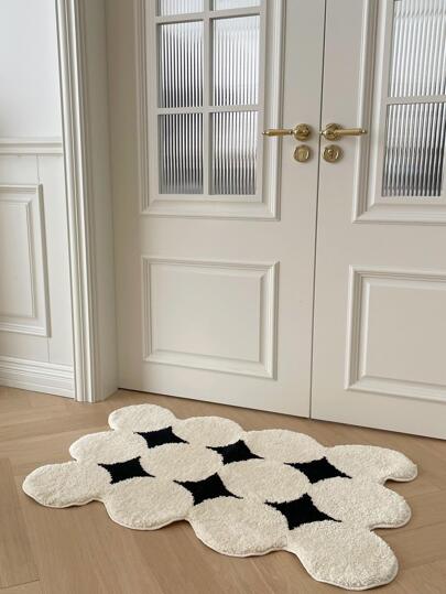 Cirelle 1pc 45X60cm(17.7X23.6inch) Polygonal Star Shaped Soft Plush Bathroom Mat, Washable Bedroom Living Room Kitchen Entrance Door Floor Carpet, Non-Slip Absorbent Minimalist Black & White Mat For Bathroom/Door Use