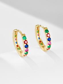 Cubic Zirconia Decor Sterling Silver Hoop Earrings - Yellow Gold - View 2