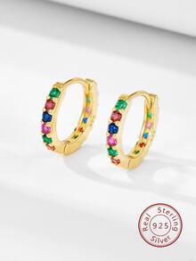 Cubic Zirconia Decor Sterling Silver Hoop Earrings - Yellow Gold - View 1