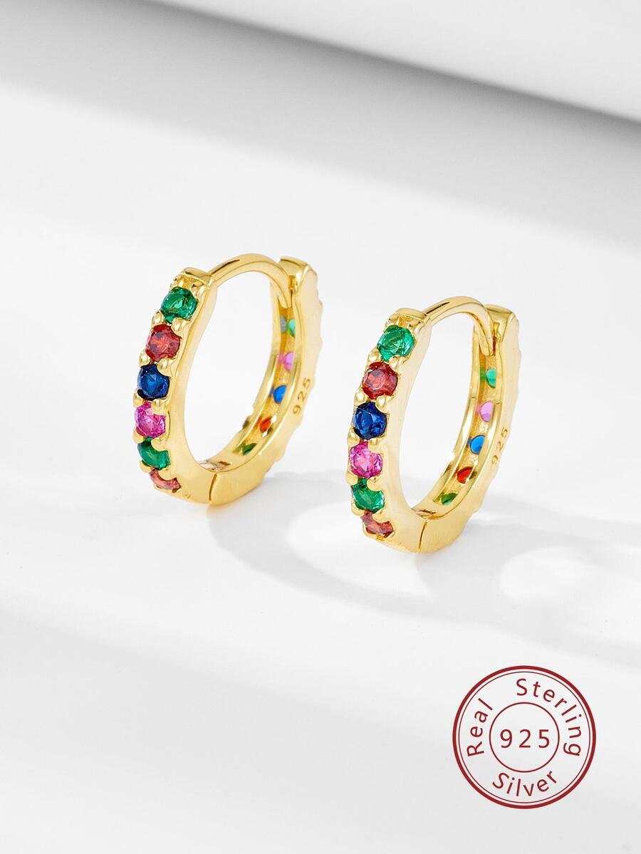 Cubic Zirconia Decor Sterling Silver Hoop Earrings - Yellow Gold - View 1