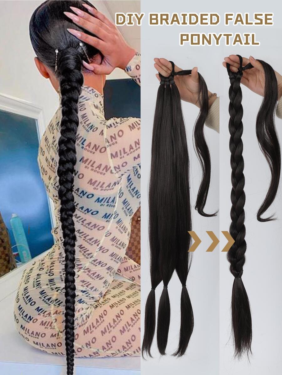 Extra Long Braided Ponytail Synthetic Hair Extension - Black - View 1