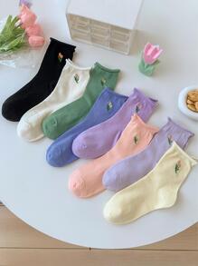 4雙隨機花朵圖案中筒襪 - 彩色 - 查看 1