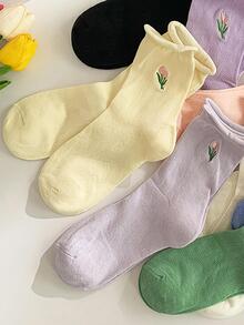 4雙隨機花朵圖案中筒襪 - 彩色 - 查看 9