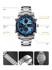 Skmei 1pc Men Silver Stainless Steel Strap Fashionable Water Resistant Round Dial Digital Watch, For Daily Decoration - Màu xanh lam - Xem 4