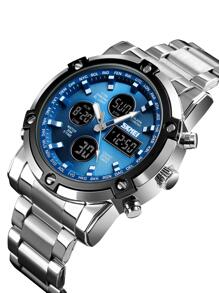Skmei 1pc Men Silver Stainless Steel Strap Fashionable Water Resistant Round Dial Digital Watch, For Daily Decoration - Màu xanh lam - Xem 3