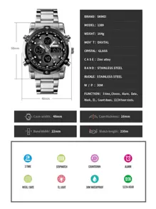 Skmei 1pc Men Silver Stainless Steel Strap Fashionable Water Resistant Round Dial Digital Watch, For Daily Decoration - 黑與白 - 查看 5