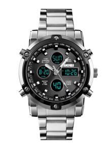 Skmei 1pc Men Silver Stainless Steel Strap Fashionable Water Resistant Round Dial Digital Watch, For Daily Decoration - 黑與白 - 查看 3
