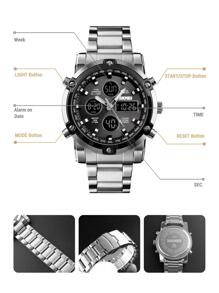 Skmei 1pc Men Silver Stainless Steel Strap Fashionable Water Resistant Round Dial Digital Watch, For Daily Decoration - 黑與白 - 查看 4