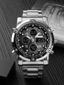 Skmei 1pc Men Silver Stainless Steel Strap Fashionable Water Resistant Round Dial Digital Watch, For Daily Decoration - 黑與白 - 查看 2