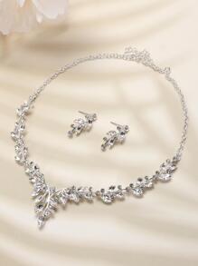Set de 3 piezas de collar y aretes de mujer plateados en plata con brillantes de colores, adecuado para decoración de bodas, fiestas y Halloween - Plateado - Ver 1