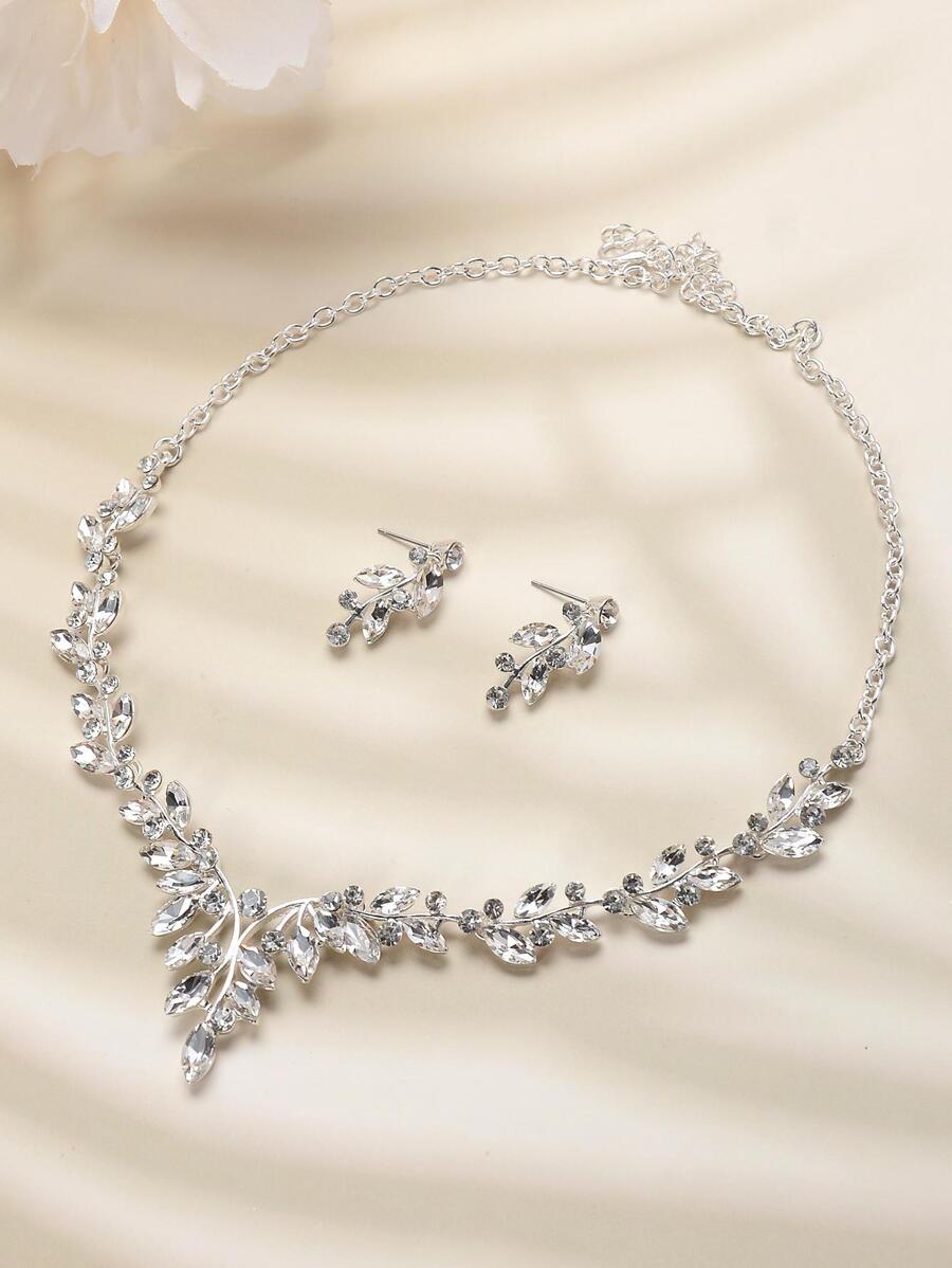 Set de 3 piezas de collar y aretes de mujer plateados en plata con brillantes de colores, adecuado para decoración de bodas, fiestas y Halloween - Plateado - Ver 1