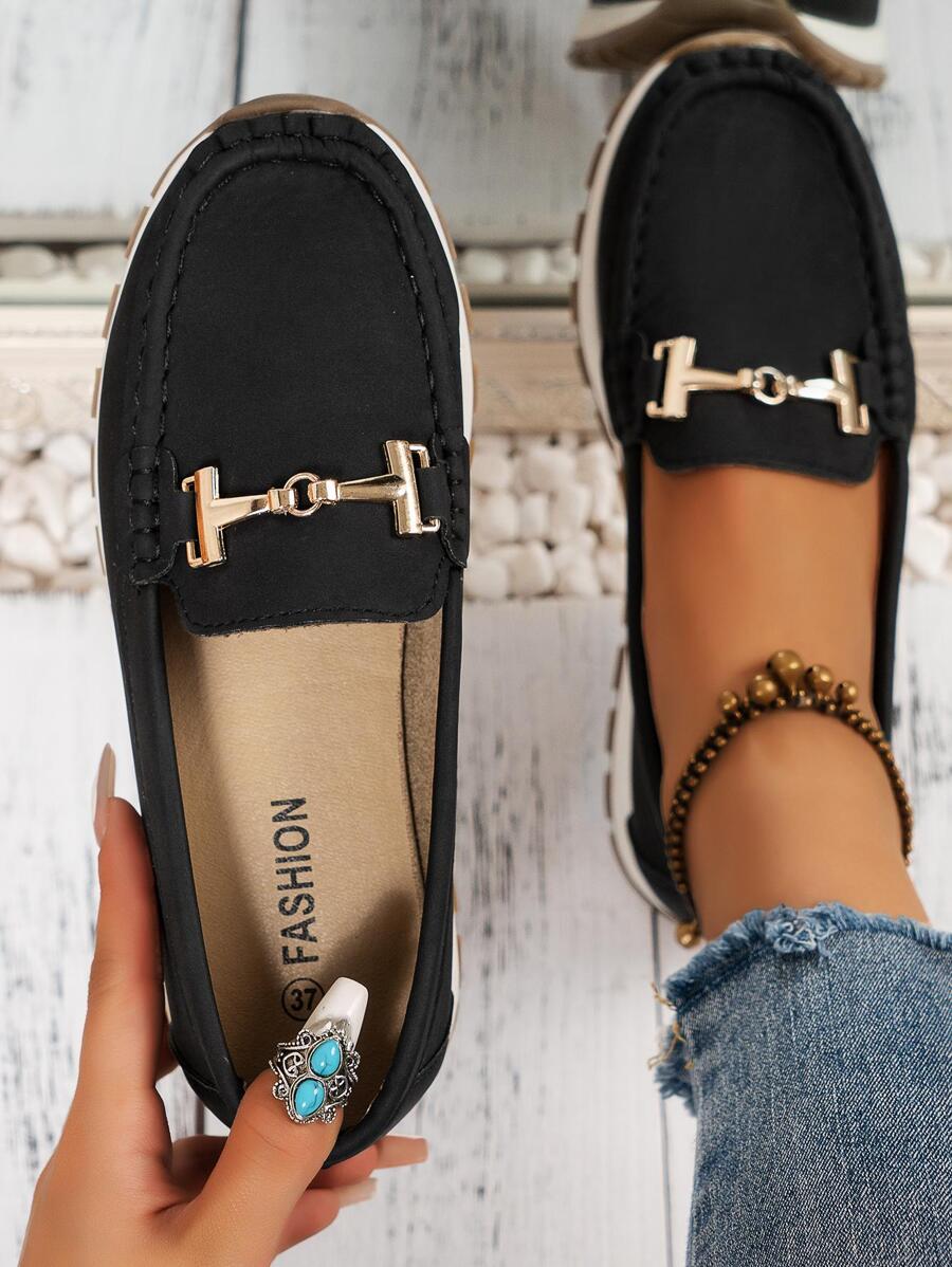 女性金屬裝飾低幫休閒鞋,運動戶外一脚蹬 - 黑色 - 查看 1