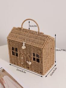 Cartoon Small House Hand-held Straw Bag, New Niche Design Hut Hand-held Woven Bag To Go Out To Store The Basket - Brown - View 2