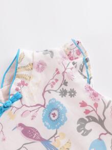 小女童印花旗袍領網紗覆蓋旗袍洋裝