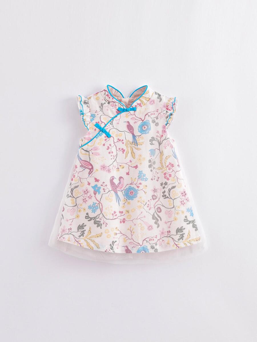 小女童印花旗袍領網紗覆蓋旗袍洋裝