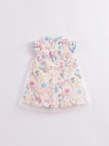 小女童印花旗袍領網紗覆蓋旗袍洋裝