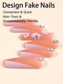 提升你風格帶24入組法語長款棺材3D花朵裝飾全覆蓋假指甲成套工具 - 彩色 - 查看 3