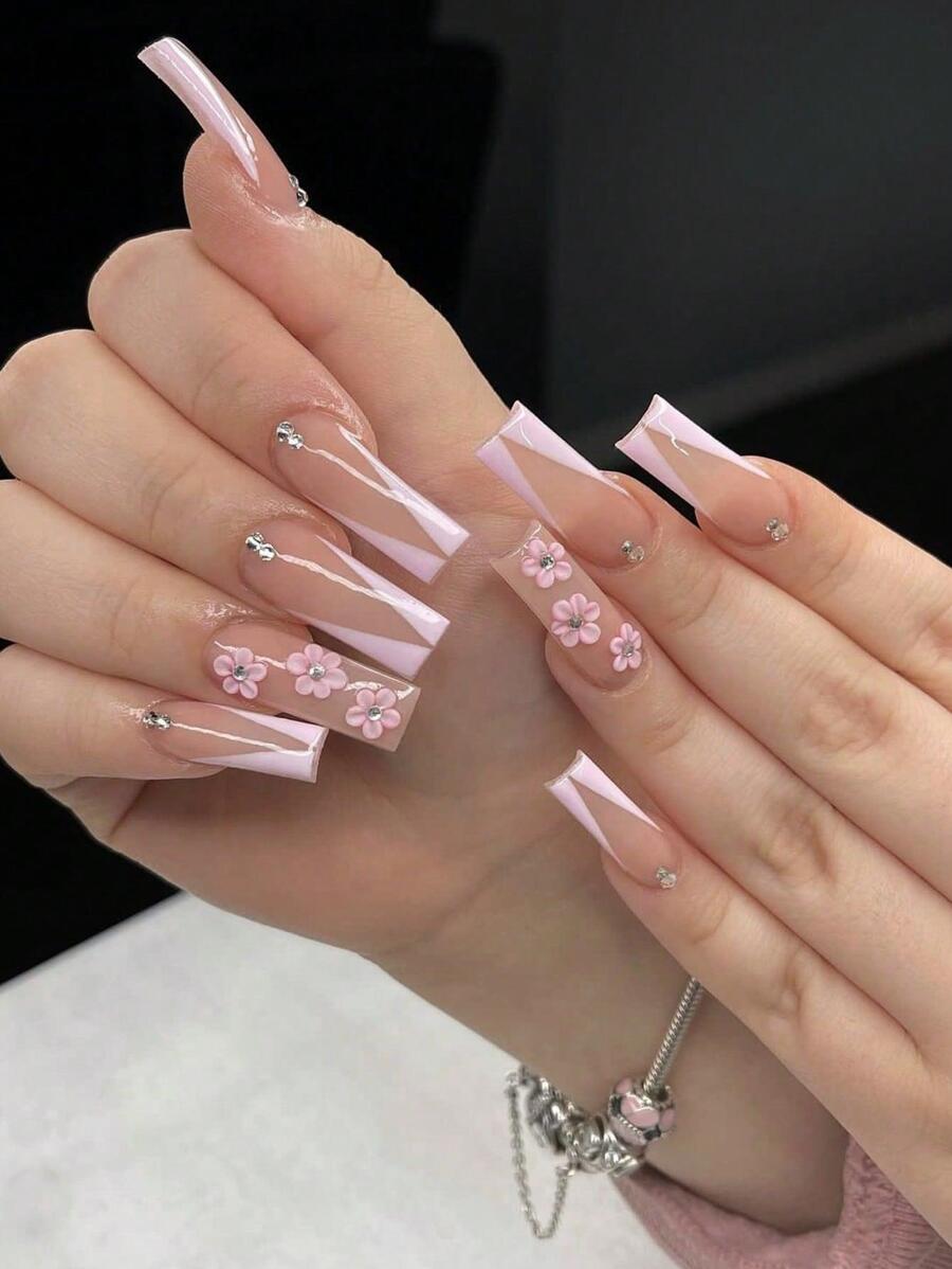 提升你風格帶24入組法語長款棺材3D花朵裝飾全覆蓋假指甲成套工具 - 彩色 - 查看 1