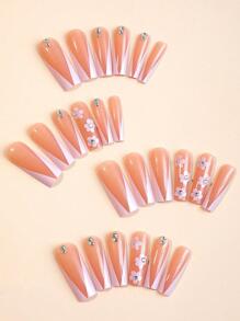 提升你風格帶24入組法語長款棺材3D花朵裝飾全覆蓋假指甲成套工具 - 彩色 - 查看 2