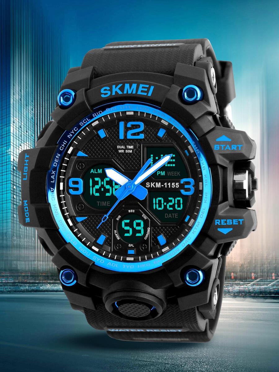 Skmei 电子运动双机芯大表盘防水手表 - 藍色 - 查看 1
