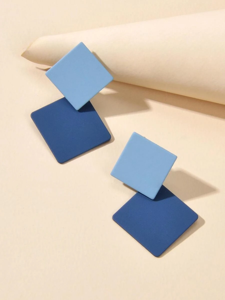 Two Tone Square Drop Earrings - Blue - View 1