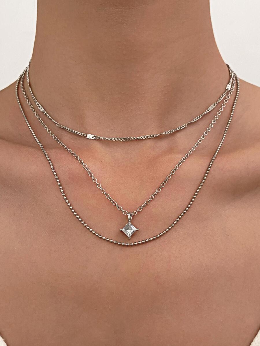 1 Máy Tính Thời Trang Hợp Kim Kẽm Đá Hình Học Charm Lớp Vòng Cổ Cho Nữ Trang Trí Hàng Ngày - Bạc - Xem 1