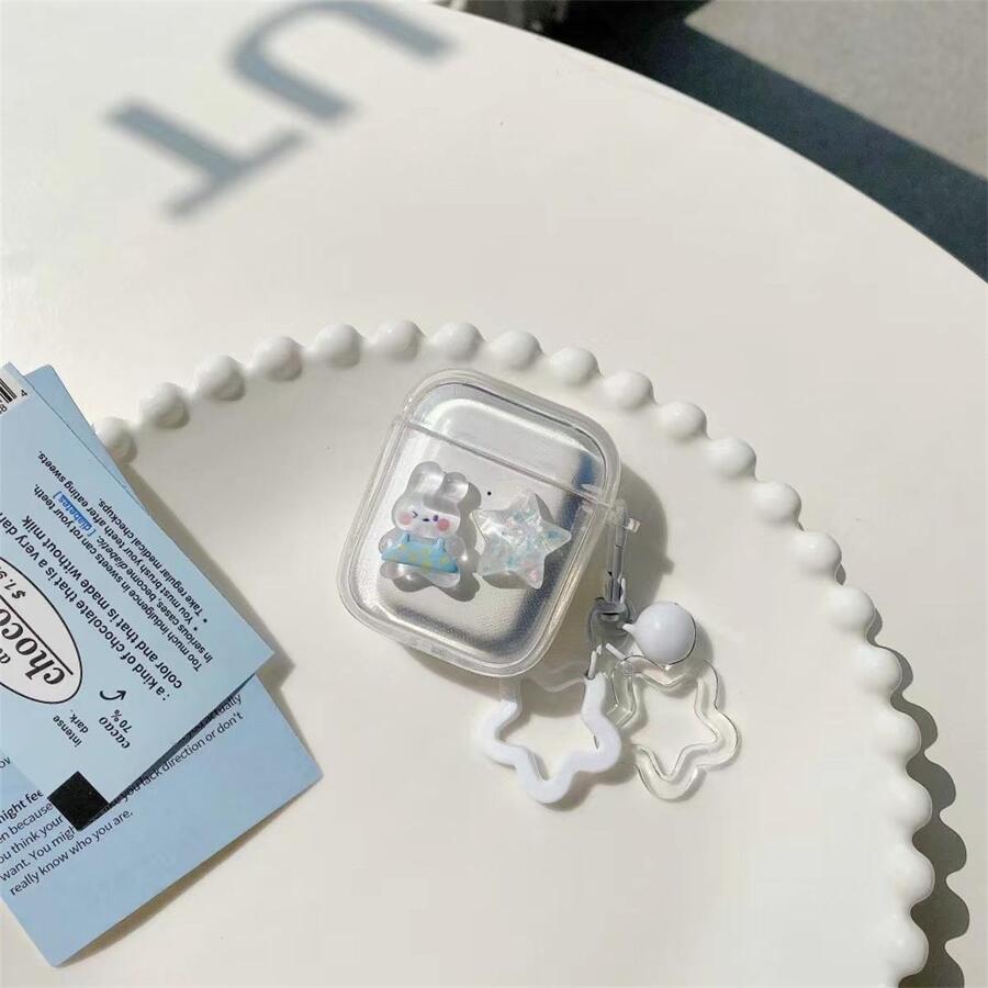 Bunny Rabbit & Star Pattern Earbud Charm, Star Pendant, Apple Shaped Bluetooth Earphone Protective Case, Without Earphones - White - View 1