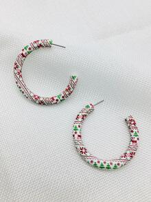 1pair 49mm wooden Christmas hoop earrings with red green snowflake reindeer Christmas tree print - Multicolor - View 2