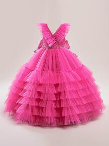 Tween Mädchen Maxi Elegantes Abendkleid mit V-Ausschnitt aus Mesh und Satin-Patchwork, Schleife hinten, geeignet für Bankettbesuche, ohne Haarzubehör