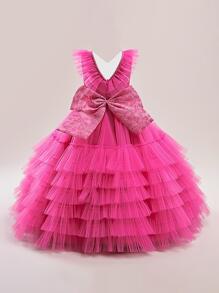 Tween Mädchen Maxi Elegantes Abendkleid mit V-Ausschnitt aus Mesh und Satin-Patchwork, Schleife hinten, geeignet für Bankettbesuche, ohne Haarzubehör