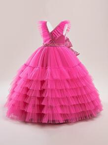 Tween Mädchen Maxi Elegantes Abendkleid mit V-Ausschnitt aus Mesh und Satin-Patchwork, Schleife hinten, geeignet für Bankettbesuche, ohne Haarzubehör