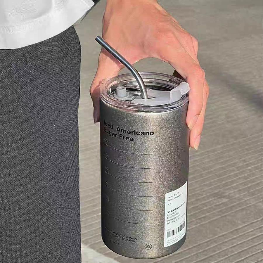 1pc Stainless Steel Straw Bottle, Water Bottle - Dark Grey - View 1