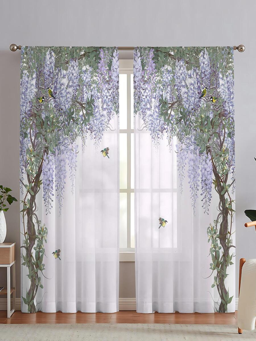 2入組新款簡約風和多用途花卉圖案圖案薄透窗簾適用於客廳,臥室,廚房 - 彩色 - 查看 1
