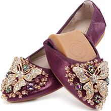 Womens Ballet Flats Foldable Rhinestone Pointed Toe Comfortable Slip on Wedding Dress Shoes - Màu Đỏ Sâu - Xem 1