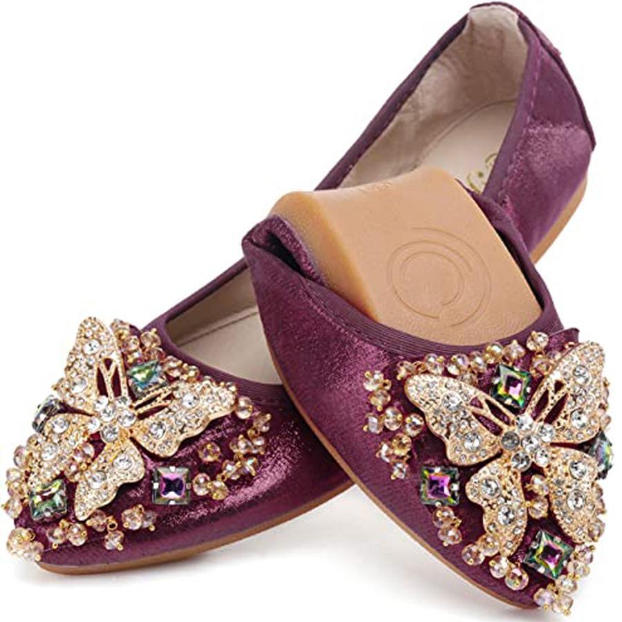 Womens Ballet Flats Foldable Rhinestone Pointed Toe Comfortable Slip on Wedding Dress Shoes - Màu Đỏ Sâu - Xem 1