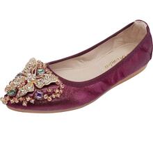 Womens Ballet Flats Foldable Rhinestone Pointed Toe Comfortable Slip on Wedding Dress Shoes - Màu Đỏ Sâu - Xem 2