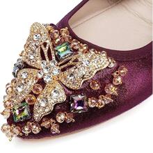 Womens Ballet Flats Foldable Rhinestone Pointed Toe Comfortable Slip on Wedding Dress Shoes - Màu Đỏ Sâu - Xem 3