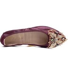 Womens Ballet Flats Foldable Rhinestone Pointed Toe Comfortable Slip on Wedding Dress Shoes - Màu Đỏ Sâu - Xem 4