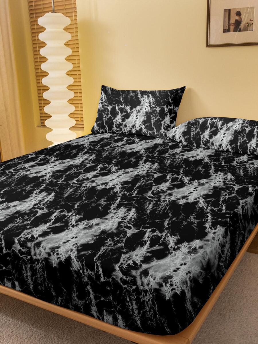 1pc Modern Geometric Pattern Printed Brushed  Fitted Sheet, Leopard Marble Grain, Breathable, Dust-Proof Cover For Bedroom - Multicolor - View 1