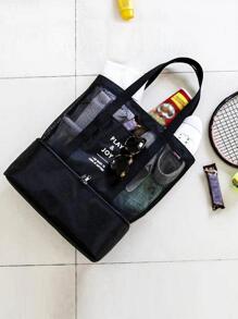 黑色網狀午餐袋，採用聚酯網狀材料製成，透氣防水，雙層設計，乾濕分離，適合海灘、戶外和旅行使用，可用作多用途方便冰袋