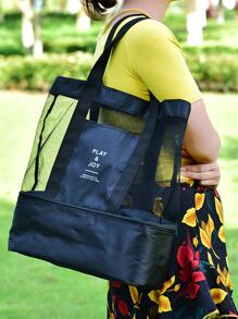 黑色網狀午餐袋，採用聚酯網狀材料製成，透氣防水，雙層設計，乾濕分離，適合海灘、戶外和旅行使用，可用作多用途方便冰袋