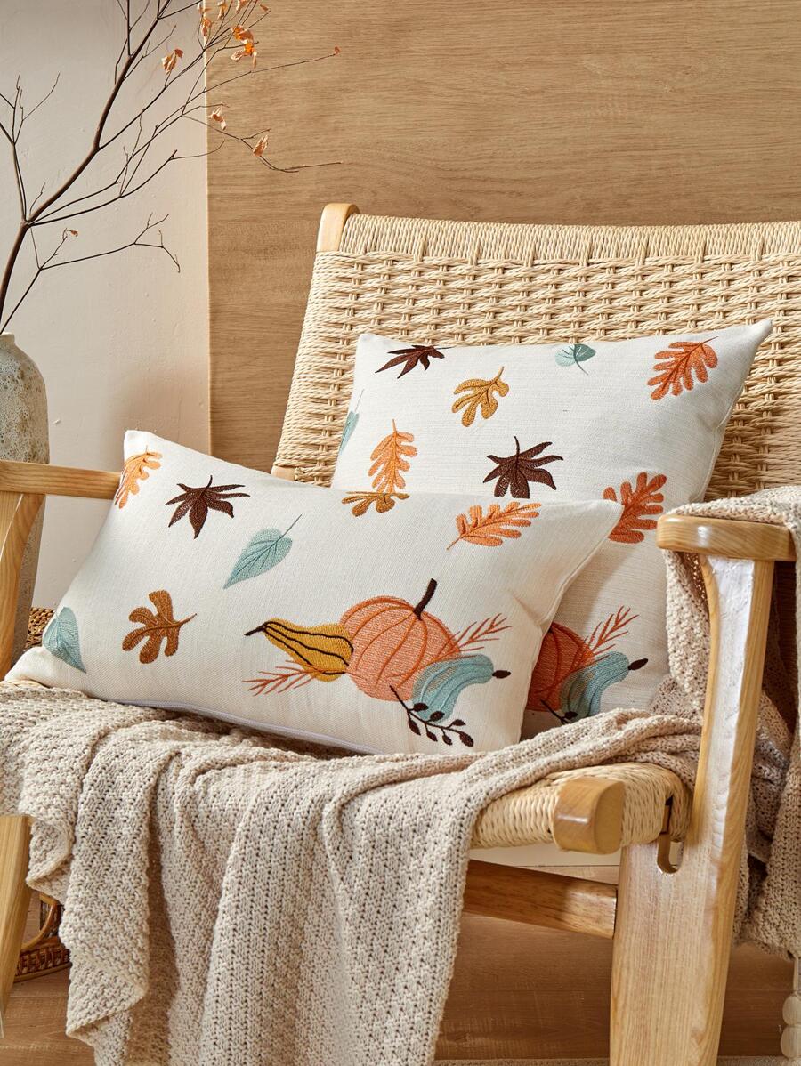 1pc Leaf & Pumpkin Embroidery Cushion Cover, Pillow Core Is Not Included - Multicolor - View 1