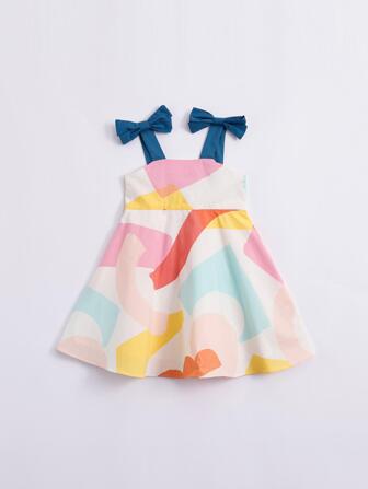 小女童1入組肩部蝴蝶結撞色吊帶連衣裙