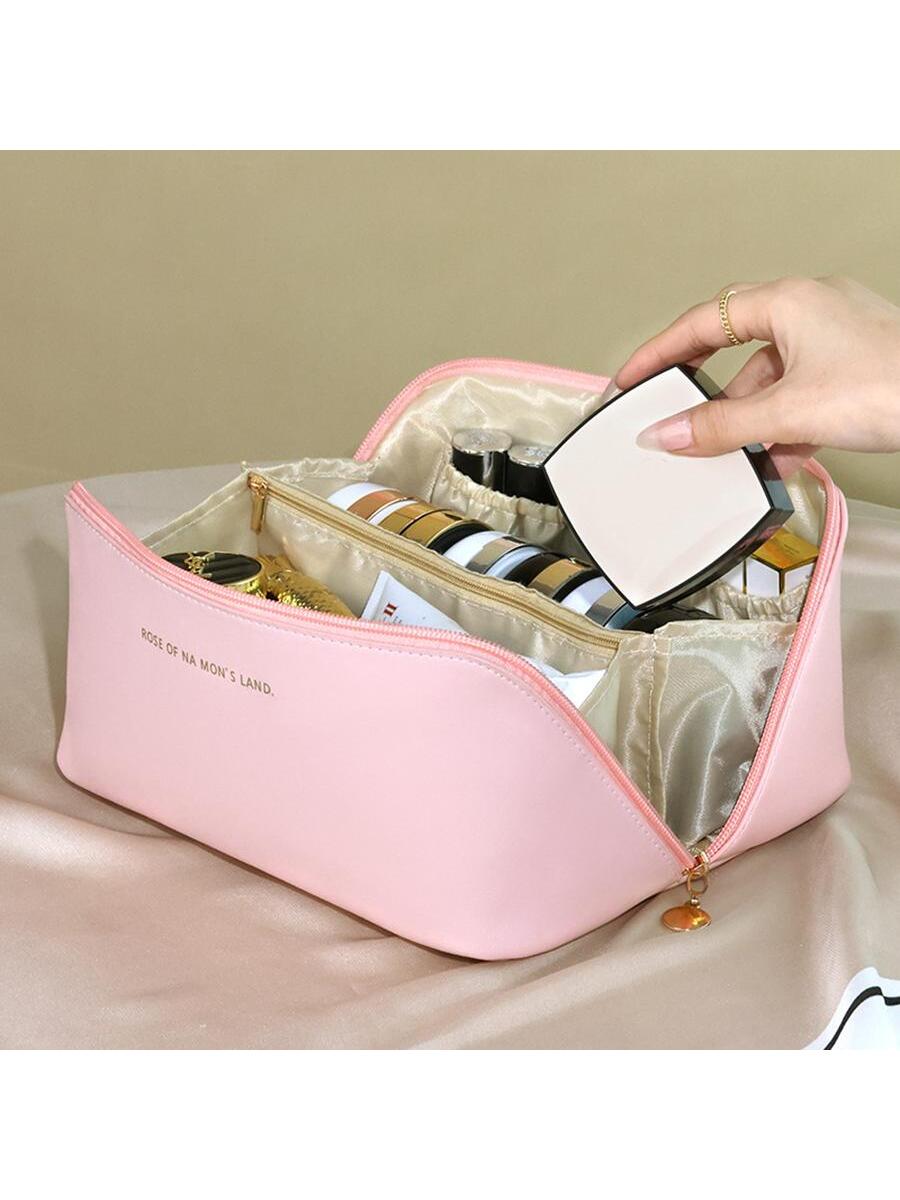 Reusable Makeup Bag, 1pc Pink Letter Graphic Zipper Design Makeup Bag For Travelling