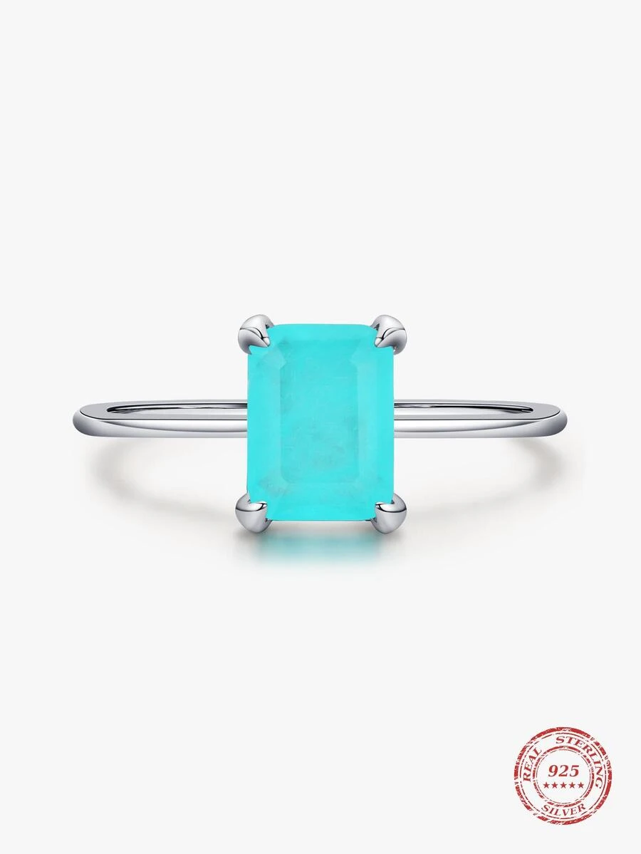 MODIAN S925纯银经典长方形帕拉伊巴碧玺女士戒指，精致珠宝，生日、派对礼物 - 銀色 - 查看 1